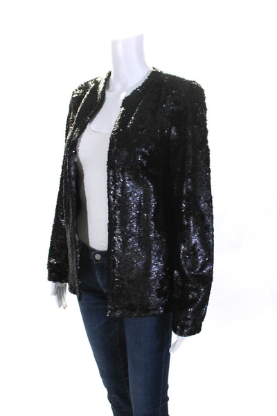 MNG Suit Womens Embroidered Sequined Textured Open Front Cardigan Black Size S