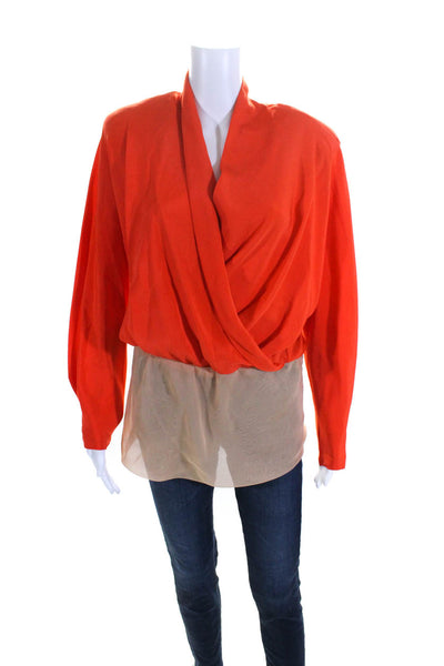 Leanto Womens Silk Colorblock V-Neck Draped Pullover Blouse Top Red Size L