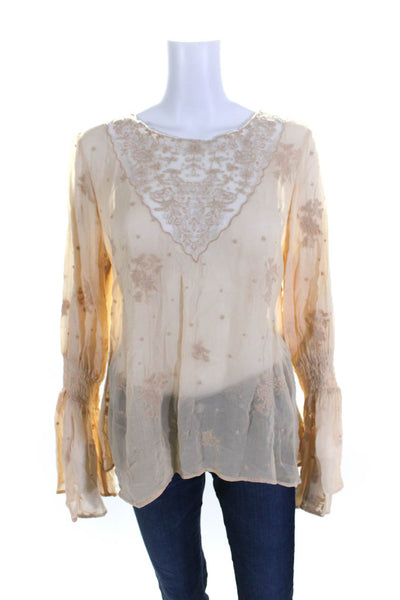 By Timo Womens Embroidered Floral Print Bell Sleeve Blouse Top Beige Size 1