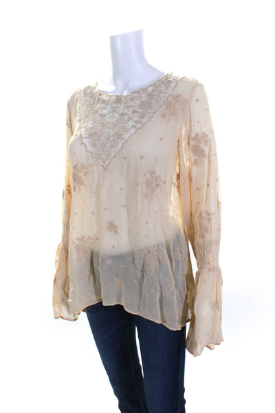 By Timo Womens Embroidered Floral Print Bell Sleeve Blouse Top Beige Size 1