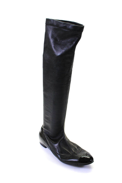 Chanel Womens Leather Round Toe Pull On Knee High Sock Boots Black Size 38.5 8.5