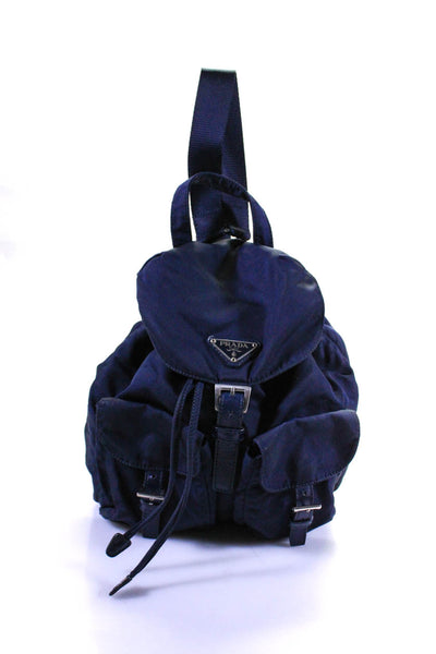 Prada Womens Tessuto Strappy Drawstring Tied Bucket Backpack Handbag Blue