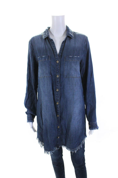 Bella Dahl Womens Blue Chambray Fringe Long Sleeve Button Down Shirt Dress SizeS