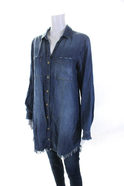 Bella Dahl Womens Blue Chambray Fringe Long Sleeve Button Down Shirt Dress SizeS