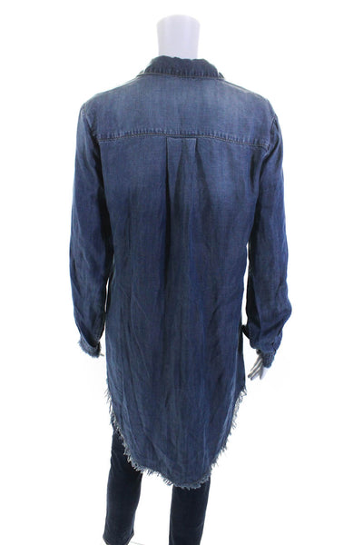 Bella Dahl Womens Blue Chambray Fringe Long Sleeve Button Down Shirt Dress SizeS