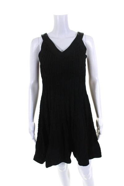 Milly Womens Black Ribbed Textured V-Neck Zip Back Sleeveless A-Line Dress SizeM