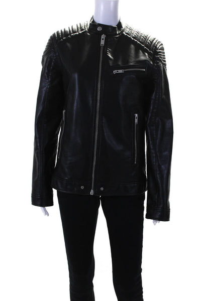 Zara Womens Black High Neck Long Sleeve Vegan Motorcycle Leather Jacket Size M