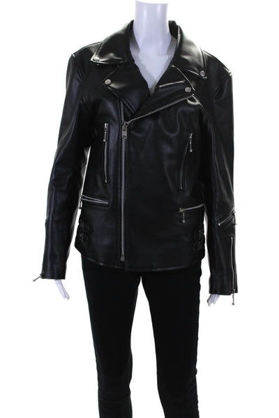 Straight To Hell Womens Black Vegan Leather Full Zip Motorcycle Jacket Size 38