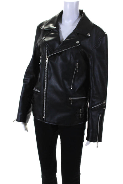 Straight To Hell Womens Black Vegan Leather Full Zip Motorcycle Jacket Size 38