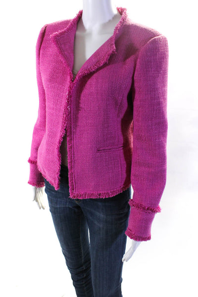 Central Park West Womens Woven Fringe Round Neck Open Front Blazer Pink Size M