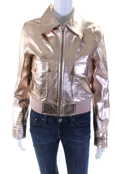 Lamora Womens Leather Zippered Collar Long Sleeved Jacket Rose Gold Tone Size M