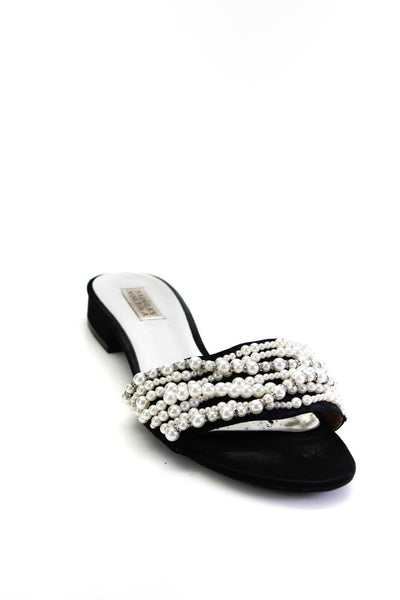 Badgley Mischka Womens Imitation Pearl Accent Flat Sandals Black White Size 10