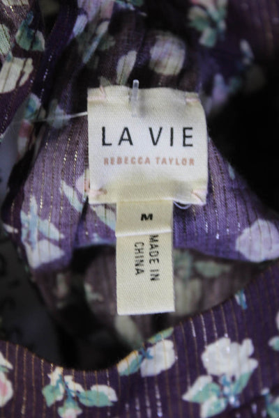 La Vie Womens Purple Cotton Floral Crew Neck Long Sleeve Shift Dress Size M