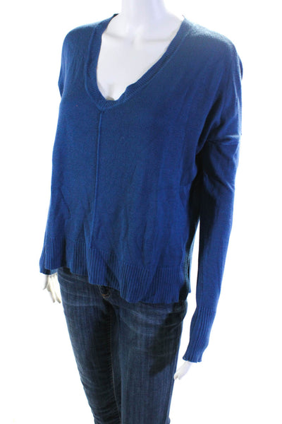 John + Jenn Womens Long Sleeve V Neck Side Slit Boxy Sweater Blue Size XS