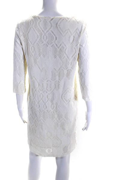 Fuzzi Womens Knit Lace Boat Neck 3/4 Sleeve Knee Length Shift Dress White Size M