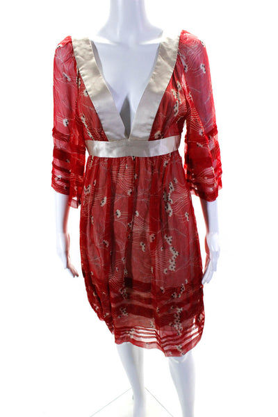 Development Women's Silk V Neck 3/4 Sleeve Midi Dress Red Size 4