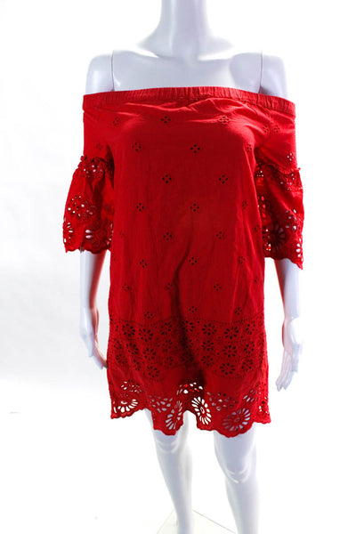 Neiman Marcus Womens Off Shoulder Embroidered Eyelet Shift Dress Red Size Small