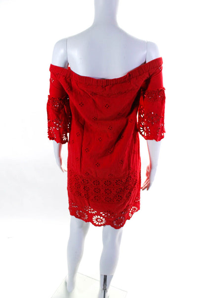 Neiman Marcus Womens Off Shoulder Embroidered Eyelet Shift Dress Red Size Small