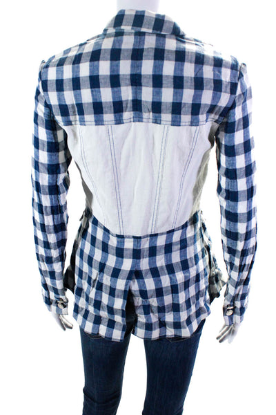 Steve J & Yoni P Womens Gingham Button Up Linen Jacket Blue White Size Small