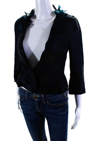 Jill Stuart Womens Satin Twill Ruffle 3/4 Sleeve Jacket Navy Blue Size Small