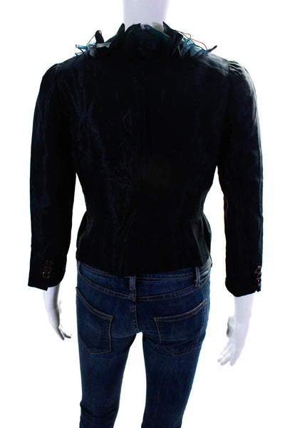 Jill Stuart Womens Satin Twill Ruffle 3/4 Sleeve Jacket Navy Blue Size Small