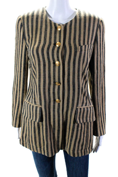 Rena Lange Womens Long Woven Stripe Button Up Jacket Beige Black Silk Size IT 42
