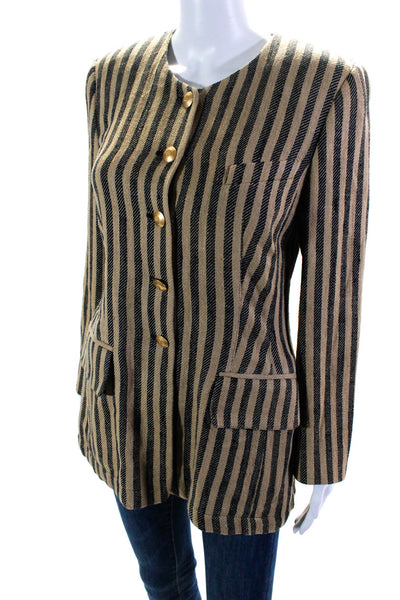 Rena Lange Womens Long Woven Stripe Button Up Jacket Beige Black Silk Size IT 42