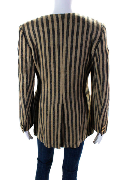 Rena Lange Womens Long Woven Stripe Button Up Jacket Beige Black Silk Size IT 42