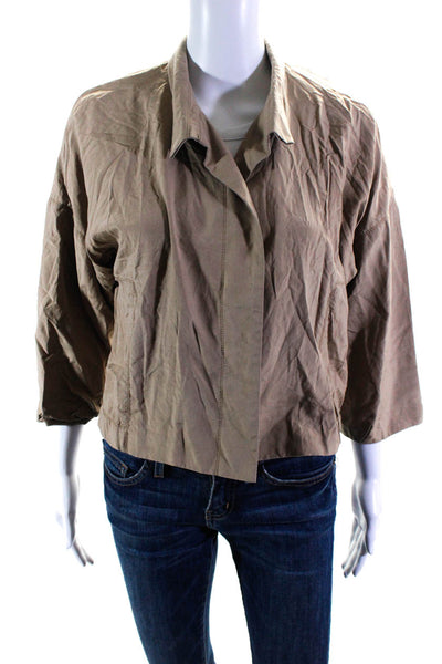 Per Se Womens Oversize Cropped 3/4 Sleeve Silk Khaki Jacket Beige Size 10