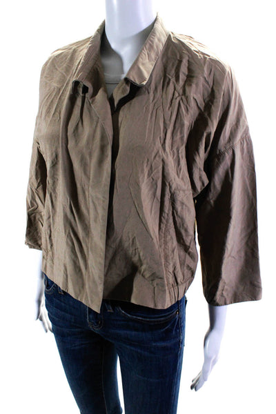 Per Se Womens Oversize Cropped 3/4 Sleeve Silk Khaki Jacket Beige Size 10