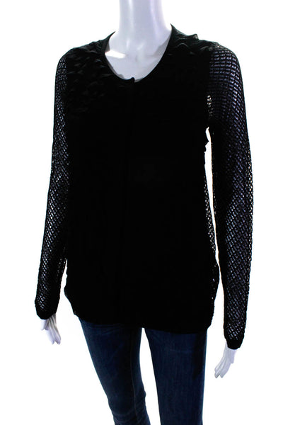 Manoush Womens Loose Knit Mesh Ruffle Snap Cardigan Sweater Black Size Medium