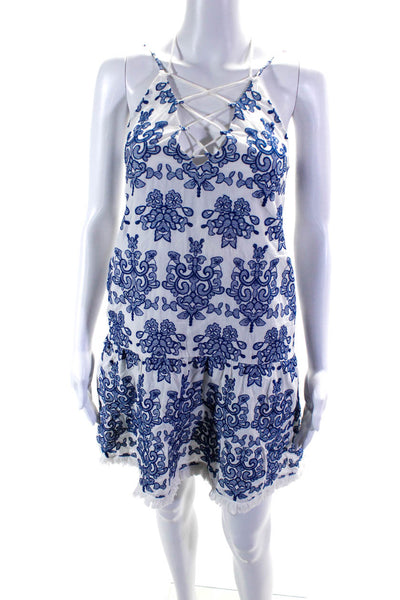 N/Nicholas Womens Cotton Damask Embroidery Lace Up Mini Dress White Blue Size 2