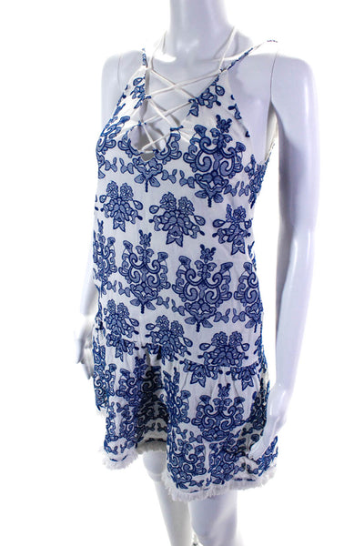 N/Nicholas Womens Cotton Damask Embroidery Lace Up Mini Dress White Blue Size 2