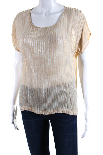 Club Monaco Womens Short Sleeve Scoop Neck Beaded Silk Shirt Beige Size XS