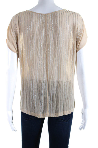 Club Monaco Womens Short Sleeve Scoop Neck Beaded Silk Shirt Beige Size XS