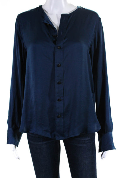 Rag & Bone Womens Long Sleeve Button Fornt Crew Neck Satin Shirt Blue Size Small