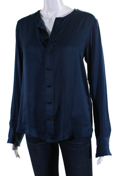 Rag & Bone Womens Long Sleeve Button Fornt Crew Neck Satin Shirt Blue Size Small