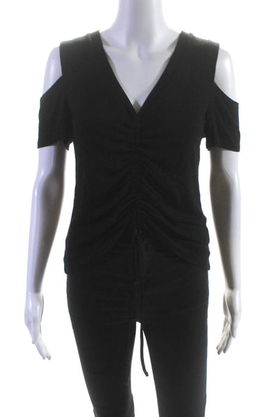 LNA Womens Ruched Drawstring V-Neck Short Sleeve Blouse Top Black Size XS