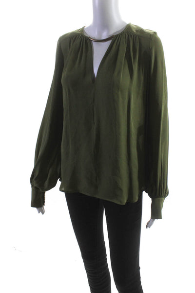 Plein Sud Womens Silk Cut Out Round Neck Long Sleeve Blouse Top Green Size 6