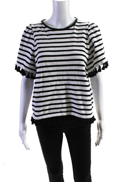 Kate Spade Womens Cotton Striped Print Tassel Trimmed Blouse White Size M