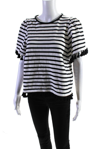 Kate Spade Womens Cotton Striped Print Tassel Trimmed Blouse White Size M