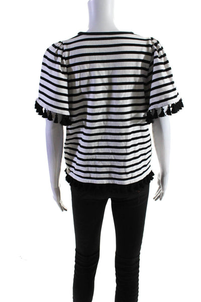 Kate Spade Womens Cotton Striped Print Tassel Trimmed Blouse White Size M