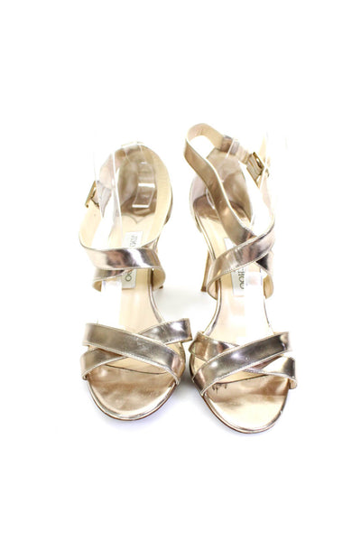 Jimmy Choo Womens Gold Leather Ankle Strappy High Heels Sandals Shoes Size 9.5