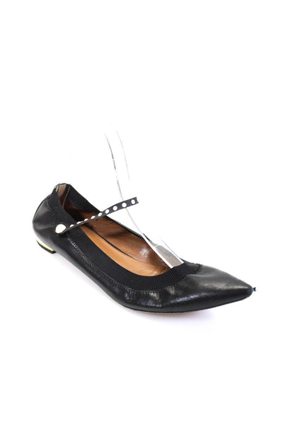 Aquazzura Womens Leather Pointed Toe Pearl Strap Mary Jane Flats Black Size 6.5