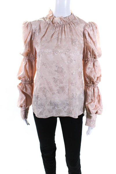 Rebecca Taylor Womens Silk Floral Print Long Sleeves Blouse Pink Silver Size 10