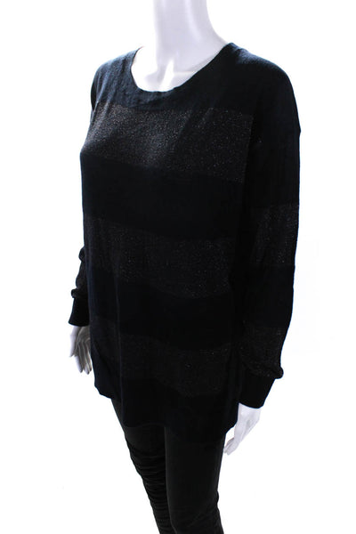 Vince Womens Cashmere Blend Metallic Striped Long Sleeve Knit Top Black Size L