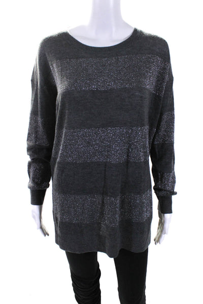 Vince Womens Cashmere Blend Metallic Striped Long Sleeve Knit Top Gray Size L