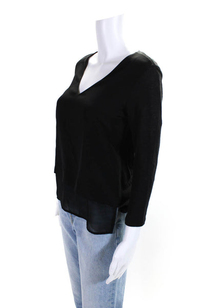 Sandro Paris Womens Thin-Knit Long Sleeve V-Neck Layered Blouse Top Black Size 1