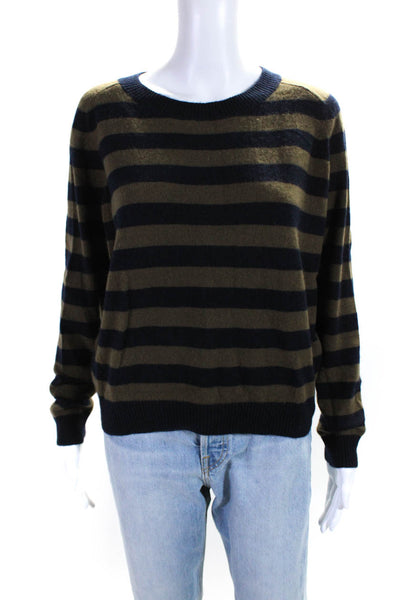 Vince Womens Cashmere Striped Crew Neck Sweater Brown Navy Blue Size Small