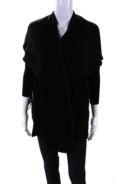Sandro Womens Cotton Knit Fringe Open Front Long Sleeve Cardigan Black Size 1
